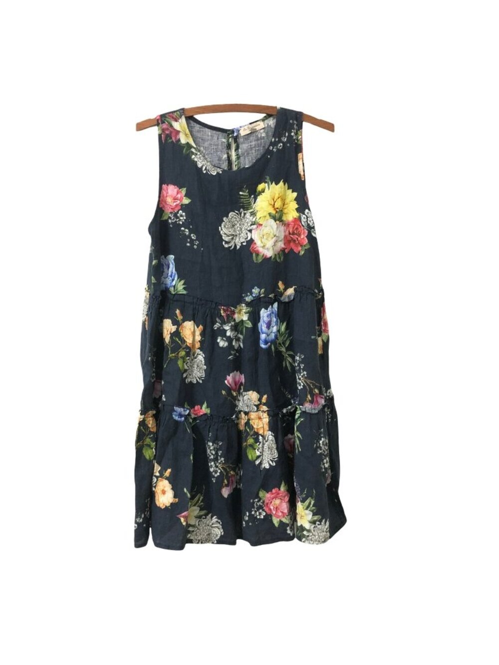 Le Regazze Made in Italy Tiered Blue Linen Sleeveless Floral Dress Boho Small